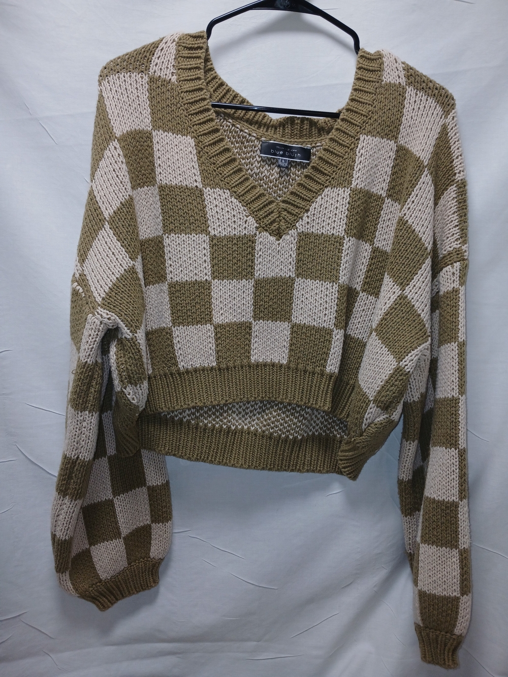 Blue Blush Olive & Cream Checkerboard V-Neck Sweater